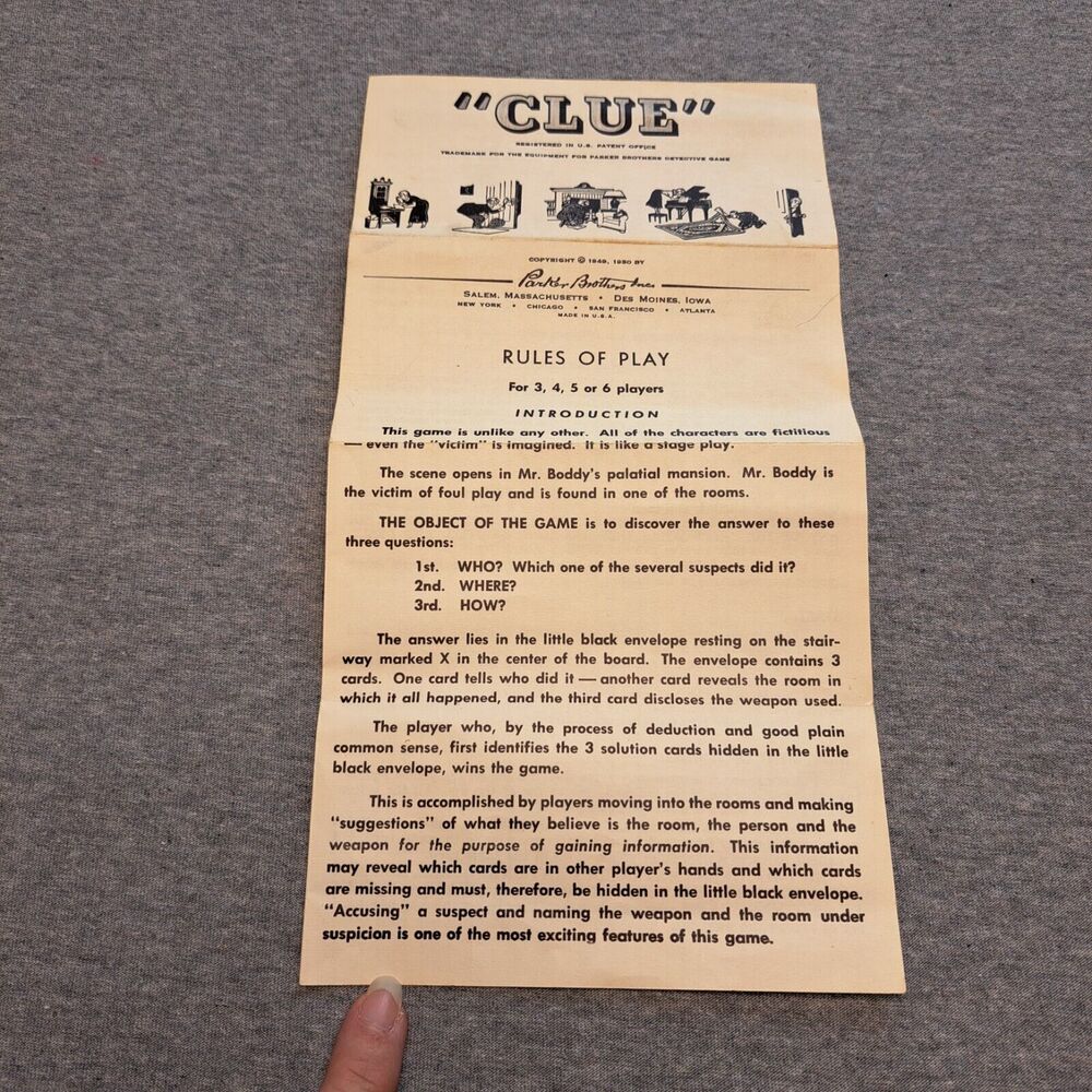 VINTAGE PARKER BROTHERS CLUE BOARD GAME 1956 REPLACEMENT PARTS ONLY INSTRUCTIONS